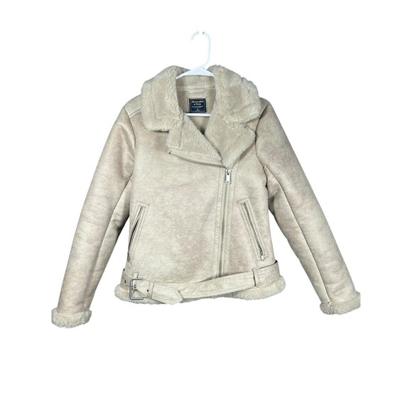 Abercrombie & Fitch Women’s Faux Suede Shearling Moto Biker Jacket Size M Tan - Picture 1 of 14